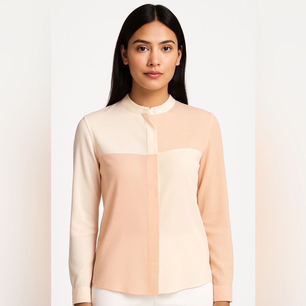 New AKRIS 100% Silk Crepe Blouse Color Block Pink\Ivory Long Sleeve 8 MSRP $1590